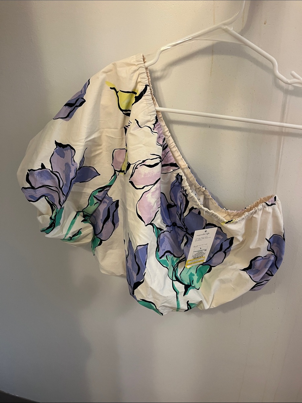 a new day Cream Off-Shoulder Puff Sleeve Top with Lavender & Green Floral Print